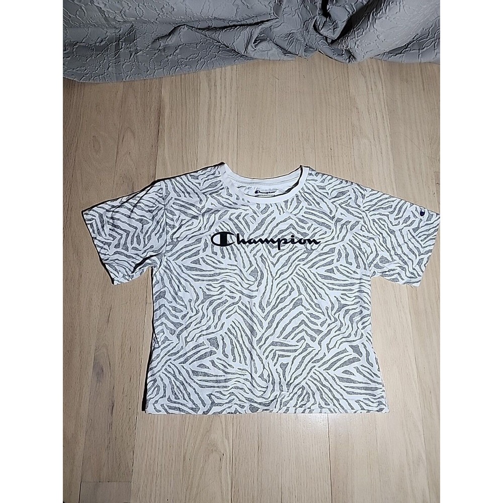 Champion Shirt Womens Large Gray Crop Top Short Sleeve Logo Crew Neck Ladies